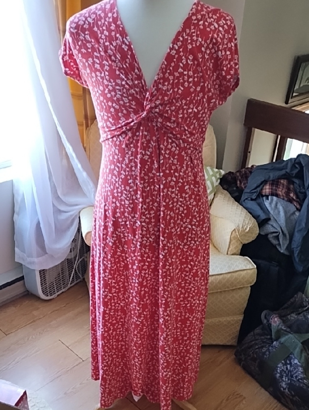 Lands' End Red and White Floral Maxi Dress